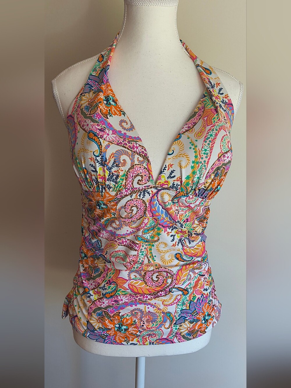 Ralph Lauren Paisley Swimsuit Tankini Top V Neck Halter Tie Straps Molded Cup 12